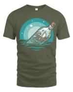 Ocean Message Bottle Ship Graphic Tshirt Calm Sea Adventure Style - military green t-shirt on white background