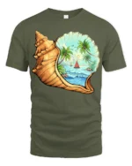 Tropical Ocean Shell Beach Graphic Tshirt Coastal Paradise Style - military green t-shirt on white background
