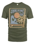 Sunshine And Surf Retro Beach Graphic Tshirt Summer Vibes Style - military green t-shirt on white background