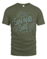 Sun And Surf Beach Graphic Tshirt Relaxed Summer Ocean Vibes Style - military green t-shirt on white background