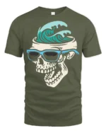 Surf Skull Graphic Tshirt Cool Ocean Wave Summer Street Style - military green t-shirt on white background
