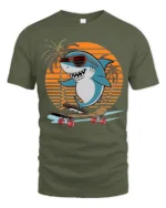 Cool Shark Skateboard Graphic Tshirt Retro Sunset Summer Style - military green t-shirt on white background