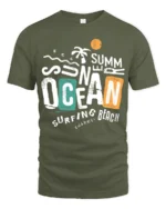 Summer Ocean Surfing Beach Graphic Tshirt Retro Coastal Vibes Style - military green t-shirt on white background