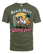 Beach More Worry Less Duck Graphic Tshirt Funny Summer Vacation Style - military green t-shirt on white background