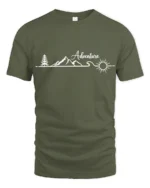 Adventure Mountain Line Art Graphic Tshirt Minimal Outdoor Style - military green t-shirt on white background