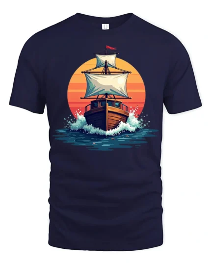Vintage Sailing Ship Sunset Ocean Graphic Tshirt Adventure Style - navy t-shirt on white background