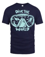 Dive The World Scuba Diving Graphic Tshirt Ocean Adventure Style - navy t-shirt on white background