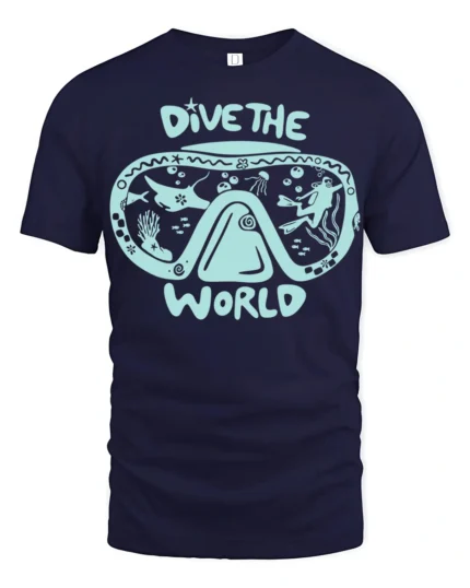 Dive The World Scuba Diving Graphic Tshirt Ocean Adventure Style - navy t-shirt on white background