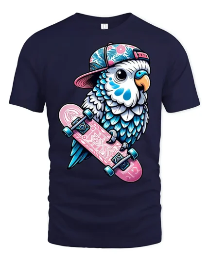 Cute Skateboard Parrot Graphic Tshirt Cool Bird Skater Style - navy t-shirt on white background