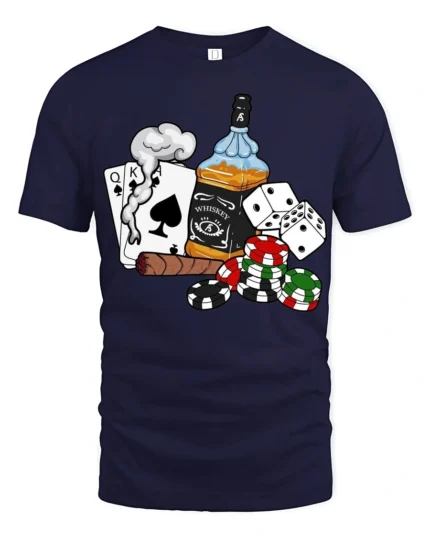 Poker Whiskey Cigar Graphic Tshirt Casino Night Lucky Style - navy t-shirt on white background
