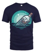 Ocean Message Bottle Ship Graphic Tshirt Calm Sea Adventure Style - navy t-shirt on white background