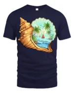 Tropical Ocean Shell Beach Graphic Tshirt Coastal Paradise Style - navy t-shirt on white background
