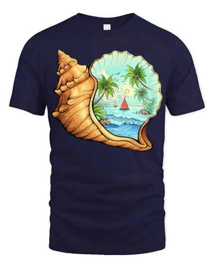 Tropical Ocean Shell Beach Graphic Tshirt Coastal Paradise Style - navy t-shirt on white background