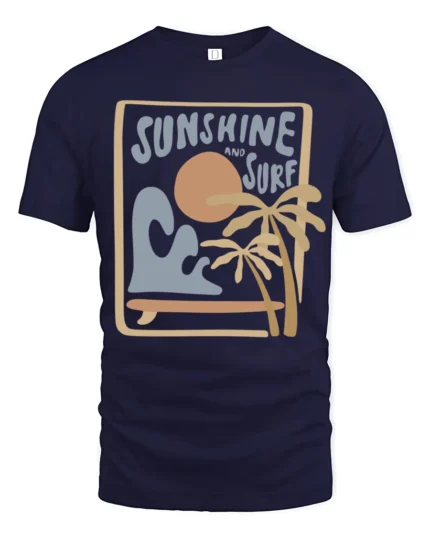 Sunshine And Surf Retro Beach Graphic Tshirt Summer Vibes Style - navy t-shirt on white background