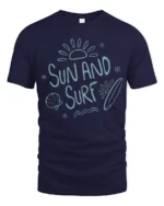 Sun And Surf Beach Graphic Tshirt Relaxed Summer Ocean Vibes Style - navy t-shirt on white background