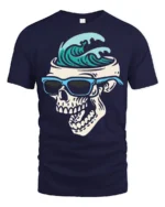 Surf Skull Graphic Tshirt Cool Ocean Wave Summer Street Style - navy t-shirt on white background