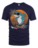 Cool Shark Skateboard Graphic Tshirt Retro Sunset Summer Style - navy t-shirt on white background