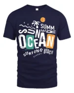 Summer Ocean Surfing Beach Graphic Tshirt Retro Coastal Vibes Style - navy t-shirt on white background