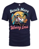 Beach More Worry Less Duck Graphic Tshirt Funny Summer Vacation Style - navy t-shirt on white background