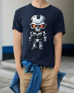 Cyber Skull Robot Warrior Graphic Tshirt Futuristic Sci Fi Power Style - model wearing navy tee with hands in pockets