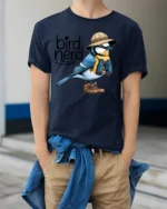 Funny Bird Nerd Graphic Tshirt Cute Birdwatching Humor Style - model wearing navy tee with hands in pockets