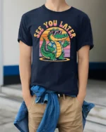 Funny See You Later Alligator Retro Summer Graphic Tshirt Style - model wearing navy tee with hands in pockets