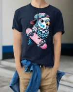 Cute Skateboard Parrot Graphic Tshirt Cool Bird Skater Style - model wearing navy tee with hands in pockets