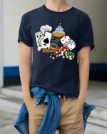 Poker Whiskey Cigar Graphic Tshirt Casino Night Lucky Style - model wearing navy tee with hands in pockets