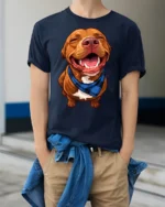 Happy Smiling Dog Graphic Tshirt Cute Pet Lover Style Vibes - model wearing navy tee with hands in pockets