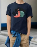 Slow Down Funny Snail Graphic Tshirt Life Humor Relax Style - model wearing navy tee with hands in pockets