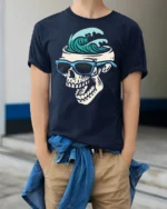 Surf Skull Graphic Tshirt Cool Ocean Wave Summer Street Style - model wearing navy tee with hands in pockets