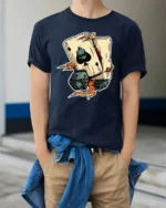 Ace Skull Playing Cards Dice Graphic Tshirt Lucky Gambler Style - model wearing navy tee with hands in pockets
