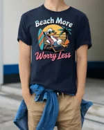 Beach More Worry Less Duck Graphic Tshirt Funny Summer Vacation Style - model wearing navy tee with hands in pockets
