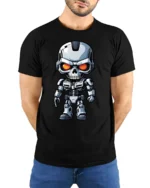 Cyber Skull Robot Warrior Graphic Tshirt Futuristic Sci Fi Power Style - model wearing black tee with hands behind back