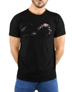 Infinity Nature Adventure Graphic Tshirt Cosmic Mountain Style - model wearing black tee with hands behind back