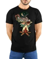 Camping Campfire Mountain Night Adventure Graphic Tshirt Nature Style - model wearing black tee with hands behind back