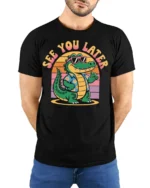 Funny See You Later Alligator Retro Summer Graphic Tshirt Style - model wearing black tee with hands behind back