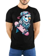 Cute Skateboard Parrot Graphic Tshirt Cool Bird Skater Style - model wearing black tee with hands behind back
