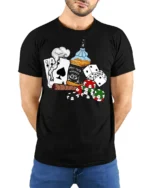 Poker Whiskey Cigar Graphic Tshirt Casino Night Lucky Style - model wearing black tee with hands behind back