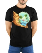 Tropical Ocean Shell Beach Graphic Tshirt Coastal Paradise Style - model wearing black tee with hands behind back