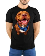 Happy Smiling Dog Graphic Tshirt Cute Pet Lover Style Vibes - model wearing black tee with hands behind back