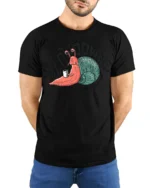 Slow Down Funny Snail Graphic Tshirt Life Humor Relax Style - model wearing black tee with hands behind back