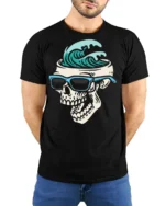 Surf Skull Graphic Tshirt Cool Ocean Wave Summer Street Style - model wearing black tee with hands behind back