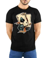 Ace Skull Playing Cards Dice Graphic Tshirt Lucky Gambler Style - model wearing black tee with hands behind back