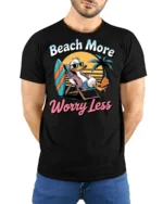 Beach More Worry Less Duck Graphic Tshirt Funny Summer Vacation Style - model wearing black tee with hands behind back