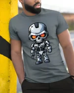 Cyber Skull Robot Warrior Graphic Tshirt Futuristic Sci Fi Power Style - model wearing grey tee, leaning on column