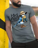 Funny Bird Nerd Graphic Tshirt Cute Birdwatching Humor Style - model wearing grey tee, leaning on column