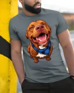 Happy Smiling Dog Graphic Tshirt Cute Pet Lover Style Vibes - model wearing grey tee, leaning on column
