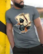 Ace Skull Playing Cards Dice Graphic Tshirt Lucky Gambler Style - model wearing grey tee, leaning on column