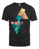 Geometric Mountain Waterfall Nature Adventure Graphic Tee - black t-shirt on white background